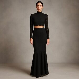 Fame and Partners US4 Black Lace 2 Piece Outfit Set Top & Maxi Skirt Formal